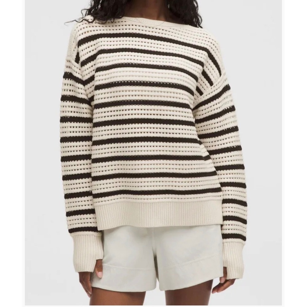 Lululemon Pointelle Open Knit Stripe Sweater Ivory Black XL LW3JQXS